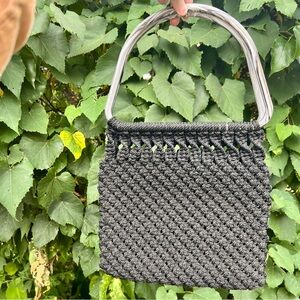 Vintage 1970’s black macrame purse with large plastic marble handles